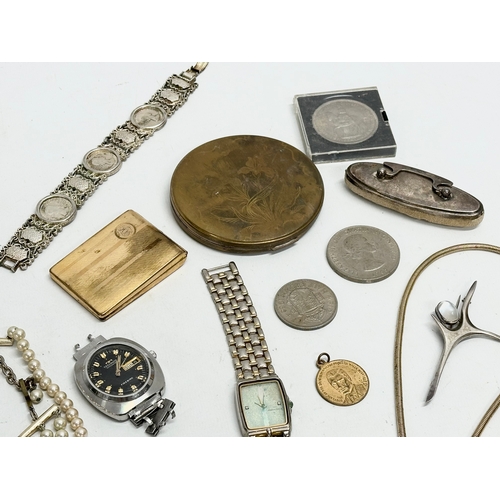 461Q - A quantity of costume jewellery, rolled gold match book holder, coins, watches etc