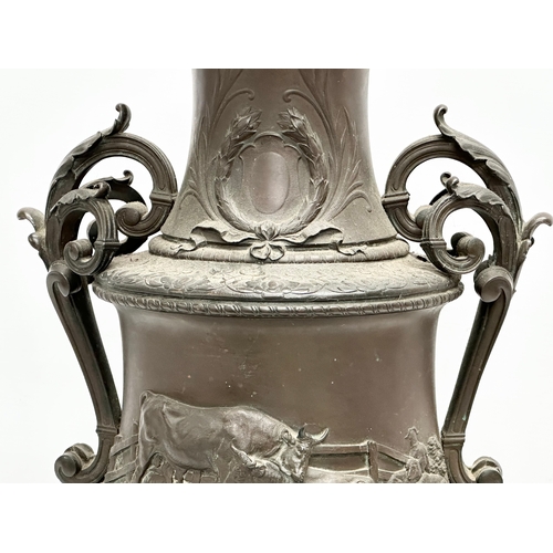 60B - A large signed ‘Bonheur’ excellent quality Mid 19th Century bronze urn. On slate base. Isidore Jules... 