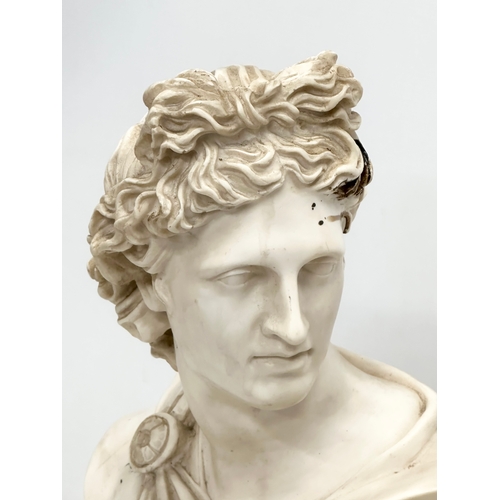 650 - A large heavy resin bust of Apollo on stand. 36x55cm