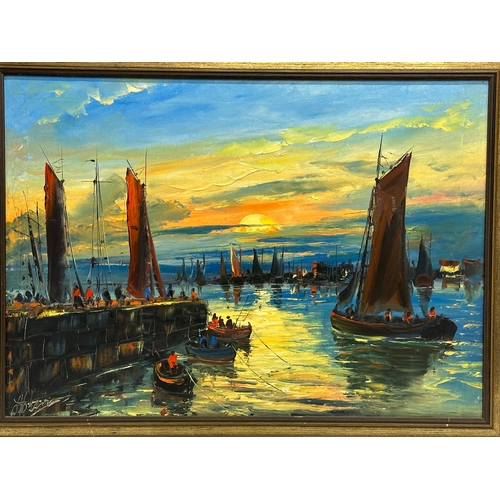 722 - A large signed continental oil painting on canvas. 69x48cm. Frame 79x59cm