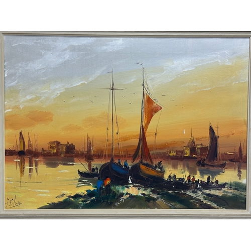 723 - A large signed continental oil painting on canvas. 69x49cm. Frame 79x59cm