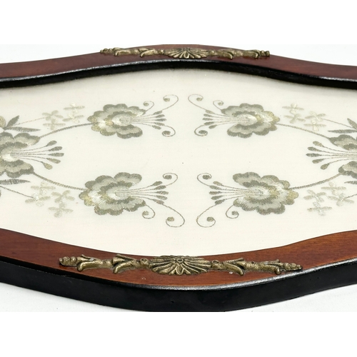 742 - A vintage mahogany framed tray with brass mounts and embroidered panel. 45x30cm