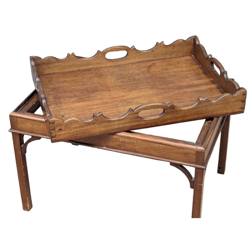 967 - A Late 19th Century Chinese Chippendale Revival mahogany butlers tray on stand. 68x49x50.5cm