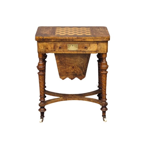 957 - A Victorian inlaid walnut turnover games table. 58x38x72.5cm