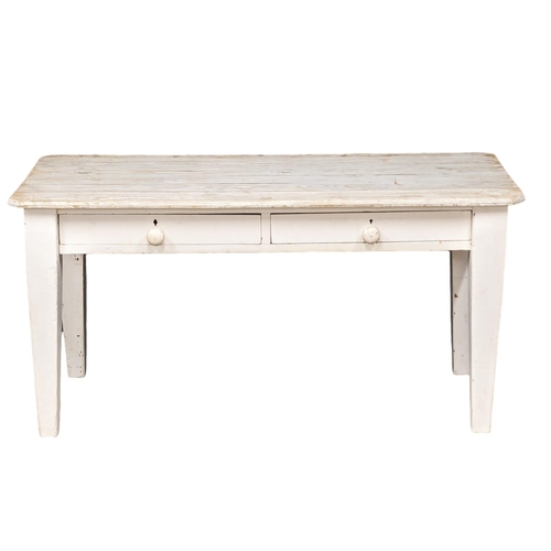 1010 - A large Victorian painted pine farmhouse kitchen table with 2 drawers 152x72x76.5cm