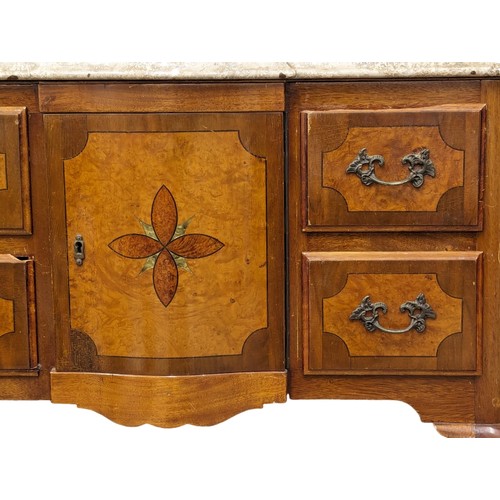 1023 - An Early 20th Century walnut and beech French marble top low boy chest. 82x45x80.5cm