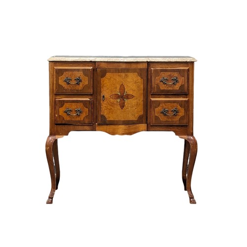 1023 - An Early 20th Century walnut and beech French marble top low boy chest. 82x45x80.5cm