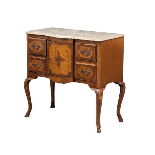 1023 - An Early 20th Century walnut and beech French marble top low boy chest. 82x45x80.5cm