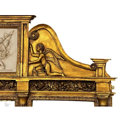 1051 - A very large 18th Century style French gilt mirror back console table with marble top, cherub and cu... 