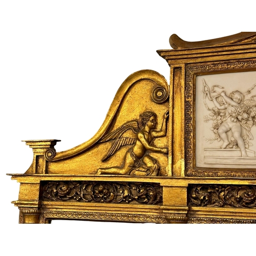 1051 - A very large 18th Century style French gilt mirror back console table with marble top, cherub and cu... 