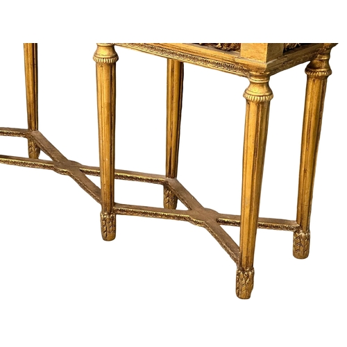 1051 - A very large 18th Century style French gilt mirror back console table with marble top, cherub and cu... 