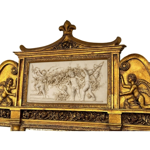 1051 - A very large 18th Century style French gilt mirror back console table with marble top, cherub and cu... 