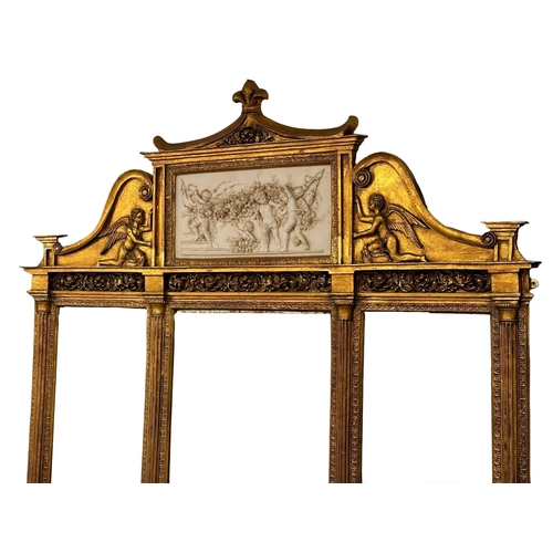 1051 - A very large 18th Century style French gilt mirror back console table with marble top, cherub and cu... 