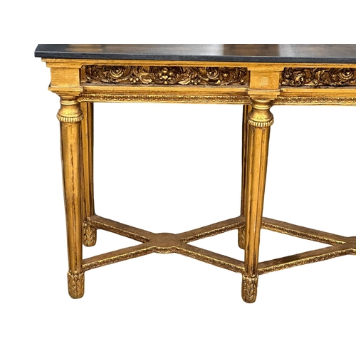 1051 - A very large 18th Century style French gilt mirror back console table with marble top, cherub and cu... 