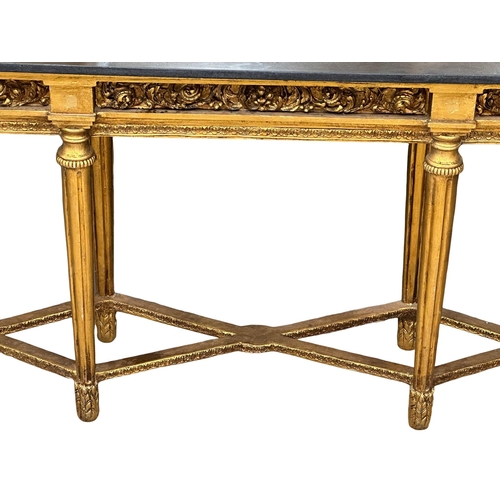 1051 - A very large 18th Century style French gilt mirror back console table with marble top, cherub and cu... 