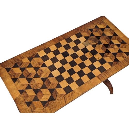 1059 - A 19th Century I laid walnut games table with stretcher support, 1870s. 89cm x 44cm x 69cm