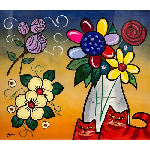 111B - An acrylic painting on board by George Smyth. Cats & Flowers. 64x55cm. Frame 73x64cm