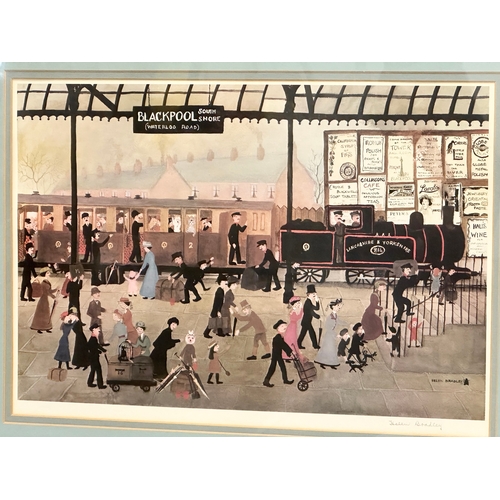 42D - A large signed coloured print by Helen Bradley. Blackpool Station. Signed in pencil. 75x59cm