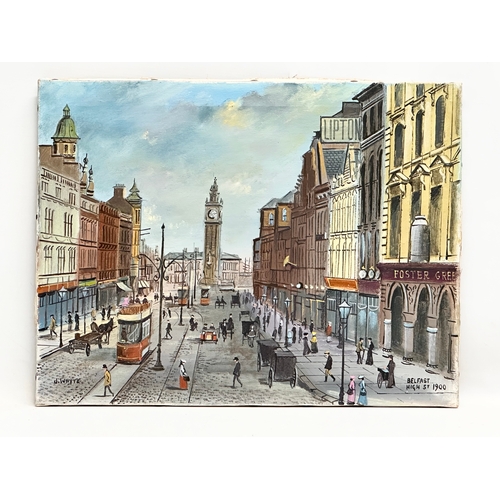 111D - An oil painting on canvas by J. Whyte. Belfast High Street, 1900. 51x39.5cm