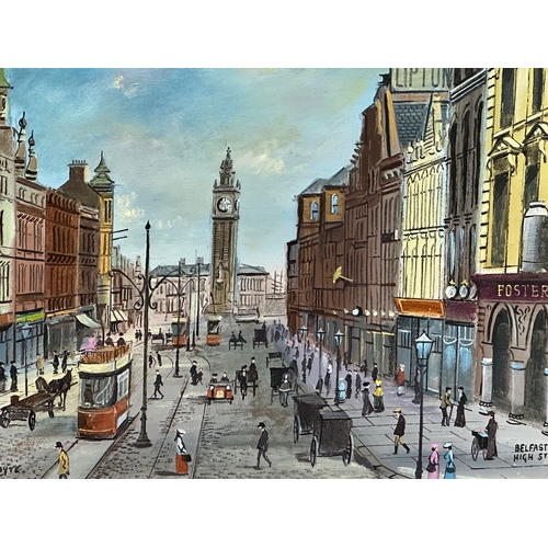 111D - An oil painting on canvas by J. Whyte. Belfast High Street, 1900. 51x39.5cm