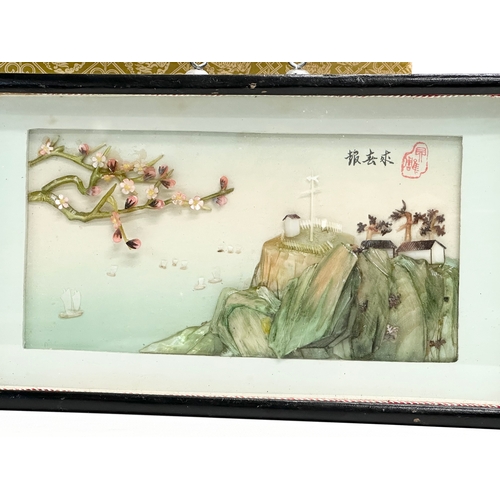 761 - A vintage framed Chinese shell and mother of pearl artwork with box. 27x15cm