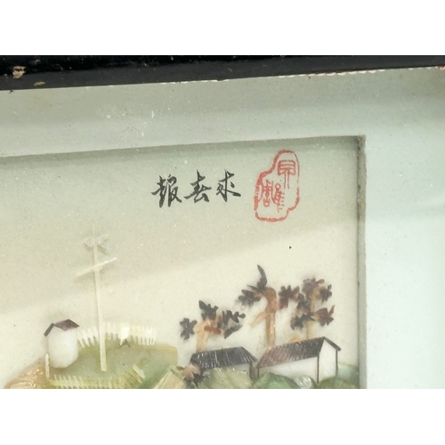 761 - A vintage framed Chinese shell and mother of pearl artwork with box. 27x15cm