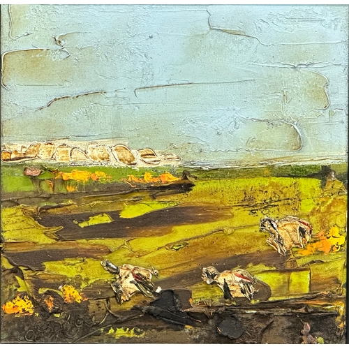 42F - An oil painting on canvas by Colin Flack. Sheep in the Field. 38.5x37.5cm. Frame 53.5x53cm