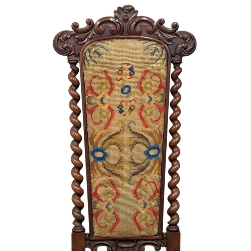 1127 - A mid 19th Century carved mahogany Prie Dieu chair with barley twist supports and cabriole legs