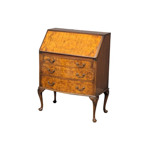 1124 - A vintage Georgian style burr walnut writing bureau, 77cm x 42cm x 102cm