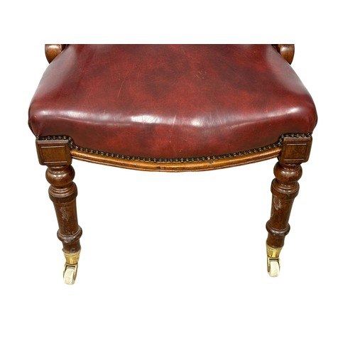 820A - A Victorian mahogany framed cockfighting style armchair. With ox-blood leather seat and back.