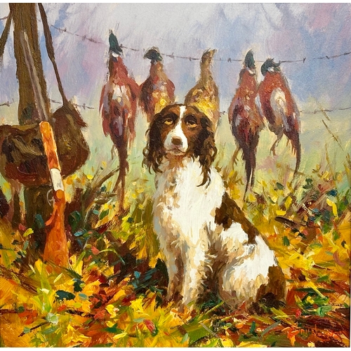 21 - Donal McNaughton. Oil on board. Springer and His Catch. 46cm x 46cm. Frame 62cm x 62cm