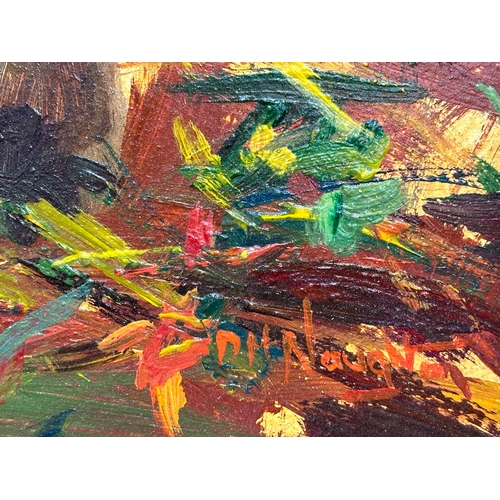 21 - Donal McNaughton. Oil on board. Springer and His Catch. 46cm x 46cm. Frame 62cm x 62cm