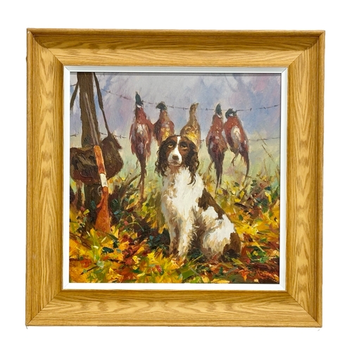 21 - Donal McNaughton. Oil on board. Springer and His Catch. 46cm x 46cm. Frame 62cm x 62cm