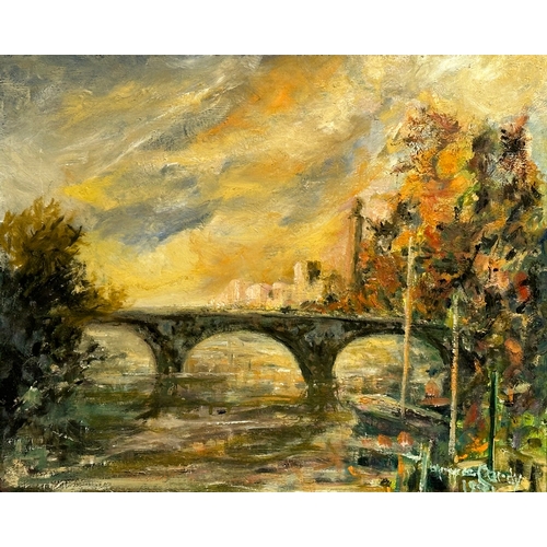 46 - Monica Cardy. Oil on board. Autumn Sunset. Kew Bridge, London. 1971. 55cm x 45cm. Frame 65cm x 55cm.