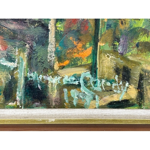 46 - Monica Cardy. Oil on board. Autumn Sunset. Kew Bridge, London. 1971. 55cm x 45cm. Frame 65cm x 55cm.