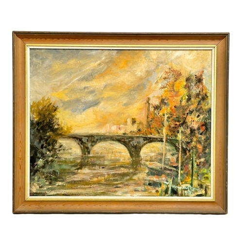 46 - Monica Cardy. Oil on board. Autumn Sunset. Kew Bridge, London. 1971. 55cm x 45cm. Frame 65cm x 55cm.