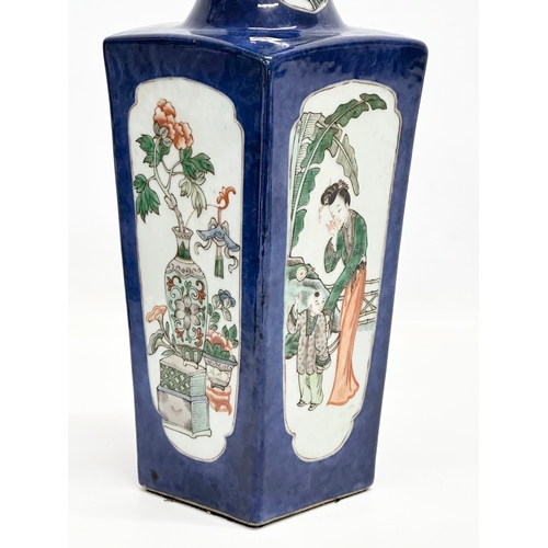 81 - A 19th Century Chinese Export Famille Verte square vase on blue glazed ground. 10.5x10.5x30cm.