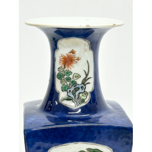 81 - A 19th Century Chinese Export Famille Verte square vase on blue glazed ground. 10.5x10.5x30cm.