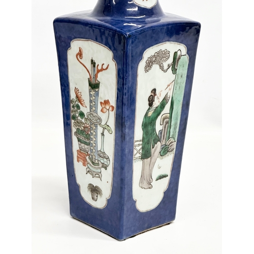 81 - A 19th Century Chinese Export Famille Verte square vase on blue glazed ground. 10.5x10.5x30cm.