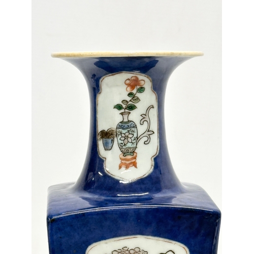 81 - A 19th Century Chinese Export Famille Verte square vase on blue glazed ground. 10.5x10.5x30cm.