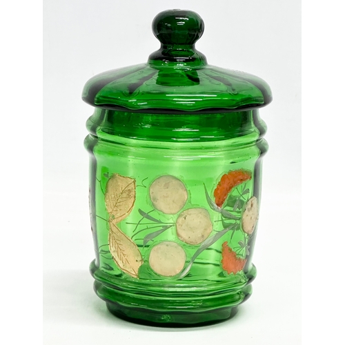 76 - 3 pieces of Late 19th Century hand painted Bristol Green glassware. 2 ewer decanters and a jar with ... 