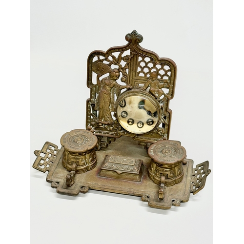 88 - William Tonks. A Late 19th Century W.T & S brass desktop inkstand and clock set in the Chinese style... 