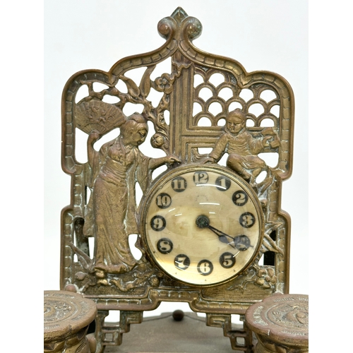 88 - William Tonks. A Late 19th Century W.T & S brass desktop inkstand and clock set in the Chinese style... 