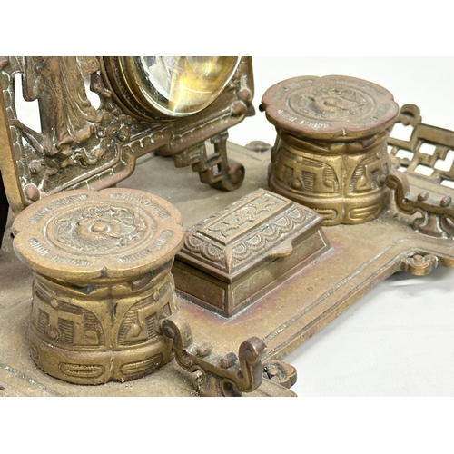 88 - William Tonks. A Late 19th Century W.T & S brass desktop inkstand and clock set in the Chinese style... 