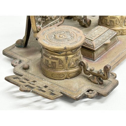 88 - William Tonks. A Late 19th Century W.T & S brass desktop inkstand and clock set in the Chinese style... 