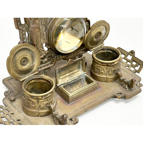 88 - William Tonks. A Late 19th Century W.T & S brass desktop inkstand and clock set in the Chinese style... 