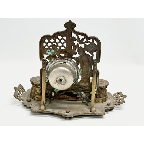 88 - William Tonks. A Late 19th Century W.T & S brass desktop inkstand and clock set in the Chinese style... 