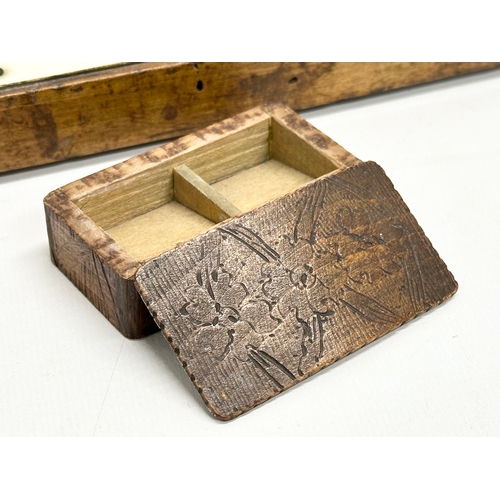 97 - A set of Late 19th Century postal scales and weights. With a wooden postage stamp box. 21.5x11x10cm