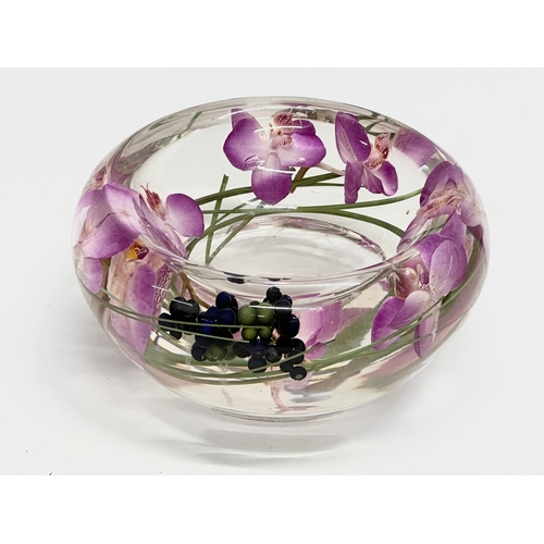 99 - Emilio Robba. A glass incased Purple Phalaenopsis flower bowl and matching candleholder by Emilio Ro... 