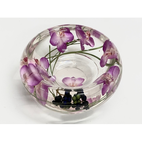 99 - Emilio Robba. A glass incased Purple Phalaenopsis flower bowl and matching candleholder by Emilio Ro... 